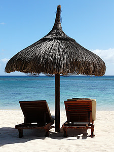 parasol, ligstoelen, Mauritius, strand, zee, zon, vakantie
