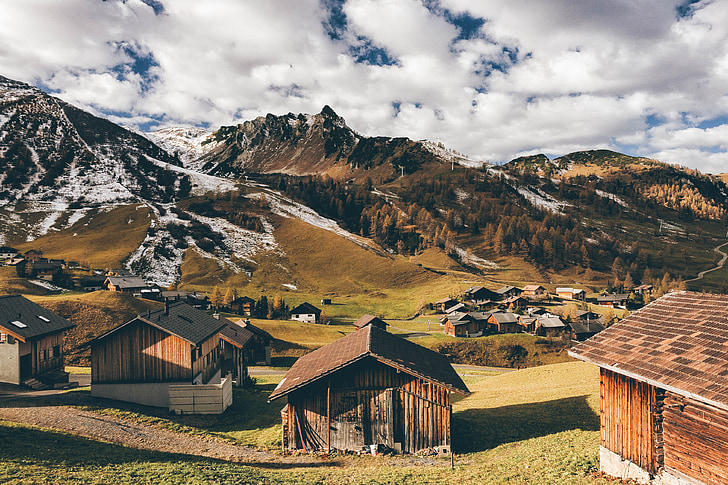 natura, muntanyes, Suïssa, núvols, cases, paisatge, viatges