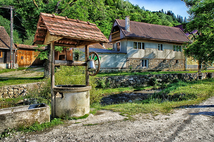 sibiel, romania, well, house, home, forest, trees