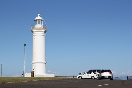 lighthouse, cars, blue, ocean, tower, water, coastline