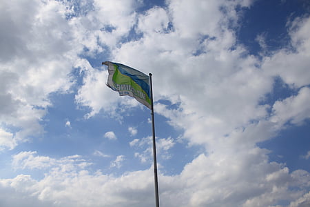 flag, sky, blow, wind, clouds, blue, symbol