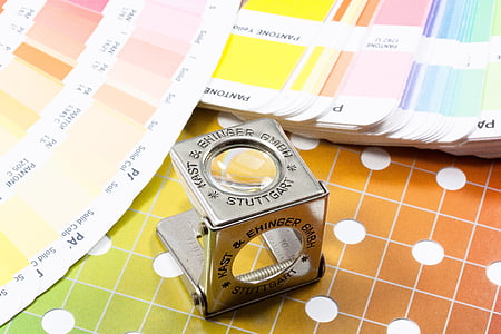 magnifying glass, thread counters, color fan, pantone, printing inks, concentrated, grid