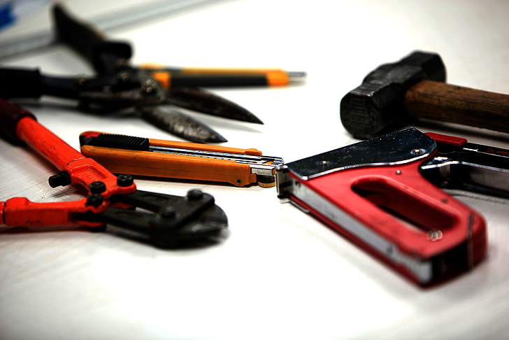 eines, martell, colpejador de, tisores, grapadora, llapis, eines d'oficina