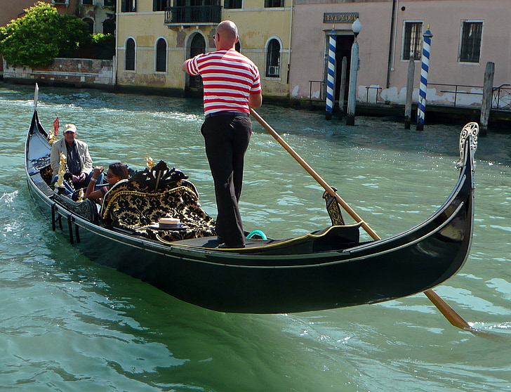 gondoljär, Venedig, vatten, romantiska, Venezia, gondoler, Italien