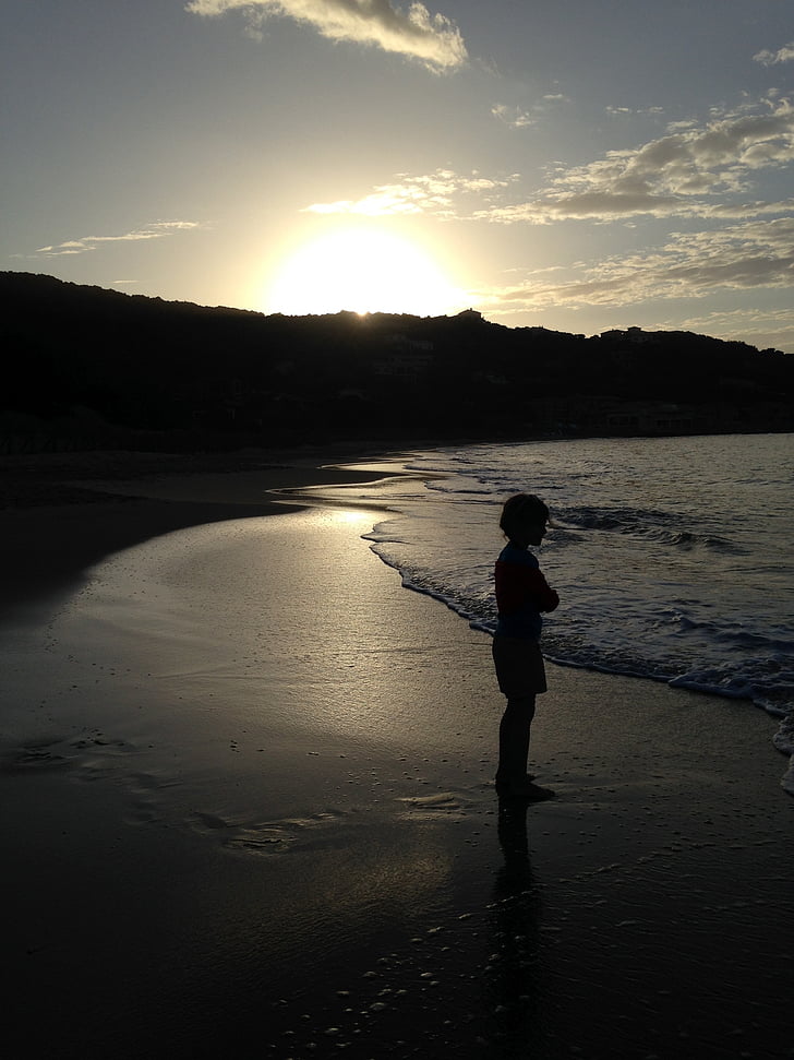 Beach, proti svetlu, letné, dieťa, silueta, more, západ slnka
