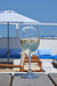 wijn, glas, vakantie, parasol, blauwe hemel, strandbar