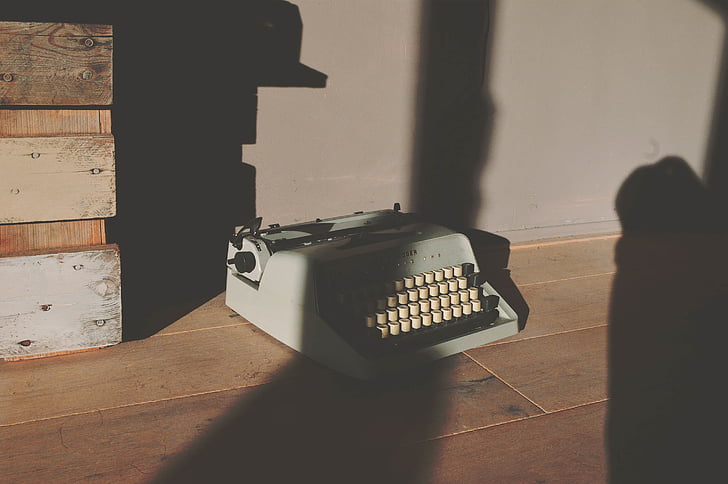 gris, màquina d'escriure, pis, encara, elements, coses, fusta