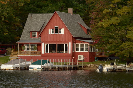 venkovský dům, dřevěný dům, jezero, Les, Příroda, dům snů, na podzim scéna