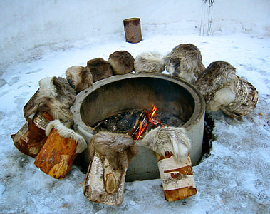 火, 暖炉, 残り火, スツール, 毛皮, 地区, 冬