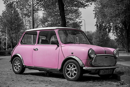 рожевий, міні, автомобіль, весело, яскраві, жінка, Леді