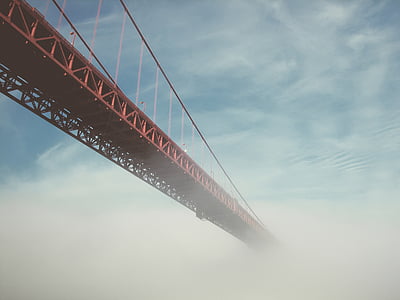 red, metal, bridge, cloudy, sky, fog, clouds