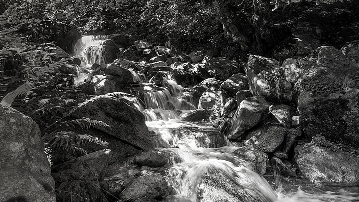 nature, waterfall, landscape, river, black and white, stones, flow