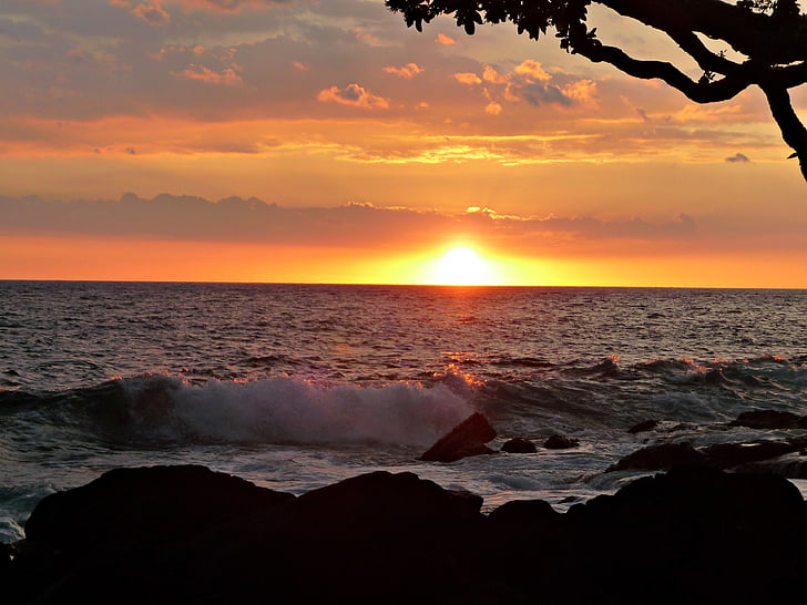 solnedgång, Hawaii, fotografisk bakgrund, stranden, Ocean, havet, semester