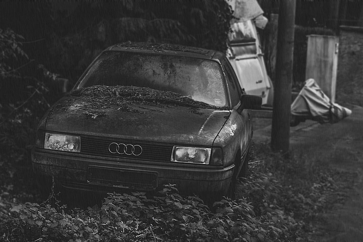 Auto, Audi a80, grijs, regen, uitgeschakeld, triest, slecht weer