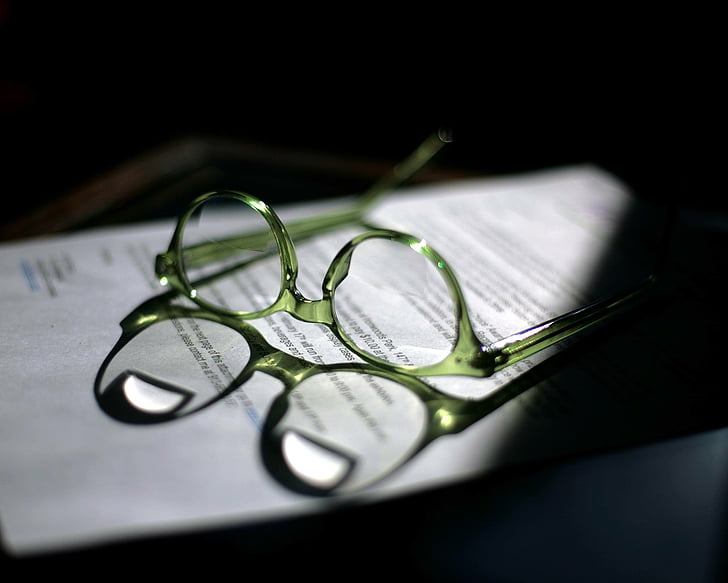 green, frame, eyeglasses, book, page, paper, glasses