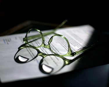 žalia, rėmas, akiniai, knyga, puslapis, popieriaus, akiniai