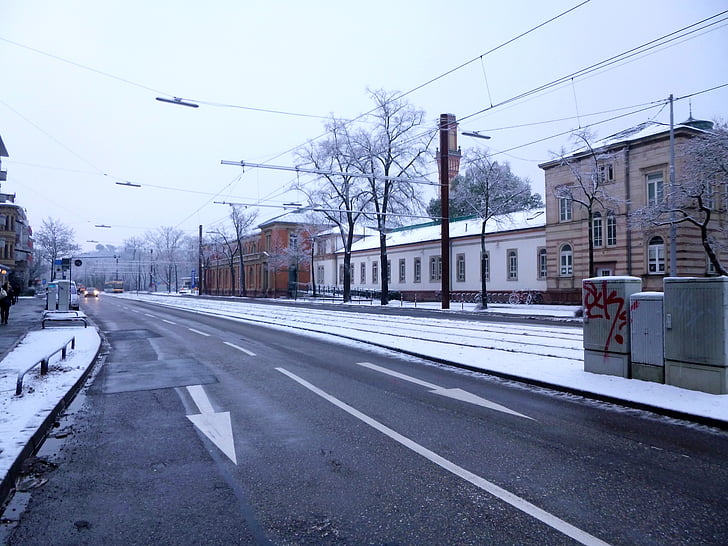 Road, vinter, Karlsruhe, snö, staden
