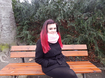 winter, park, friend, bench
