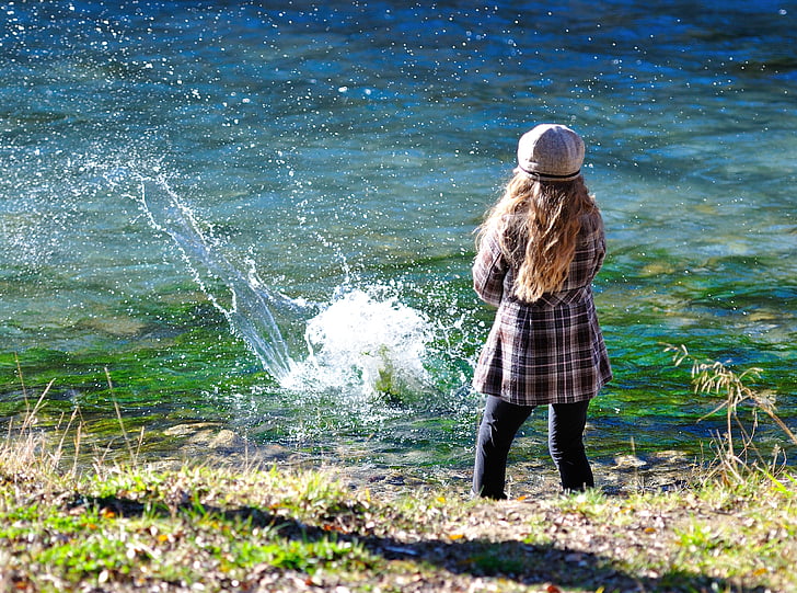 girl, child, blond, long hair, water, nature