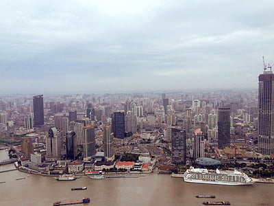 Šanchajus, Kinija, Pearl orient, Panoramos, matosi, debesuotą dieną, Huangpu upės