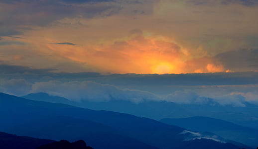 sunset, mountain, top, cloud, red, nature, scenics