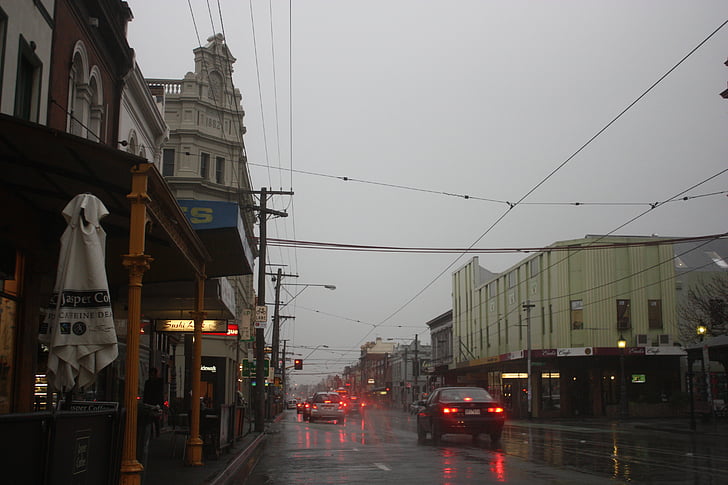 rain, street, shops, wet, car, tram lines