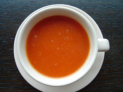 bell pepper soup, tomato soup, soup, food, bag, cup of, tomato