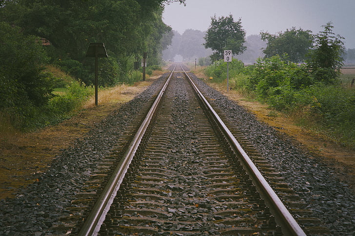 train, rail, green, tress, grey, sky, landscape