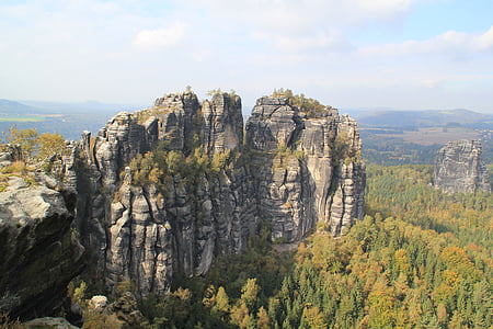 montanhas de arenito do Elba, Saxon switzerland, Saxônia, schrammsteine, rocha, escalar, céu