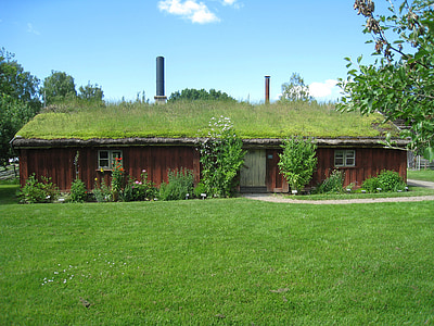 maison, pelouse, fleurs, toits d’herbe, Sky, Nuage, Suède