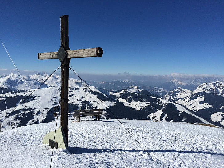 Zimní, alpské, hory, Vrcholový kříž, Rakousko, sníh, Hora
