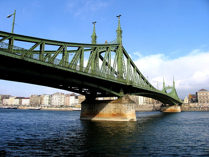Budapešť, Most, modrá obloha, Dunaj, řeka, hlavní město, pilíř
