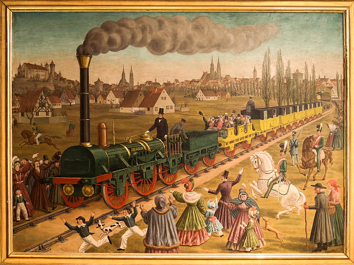 Nuremberg, Fürth, Adler, första tåget, lokomotiv, målning, nostalgi