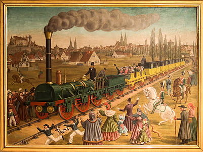 Norymberga, Fürth, Adler, Pierwszy pociąg, lokomotywa, malarstwo, Nostalgia