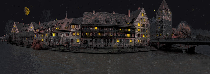 Nuremberg, vieille ville, nuit, sombre, Star, Lune, ciel étoilé