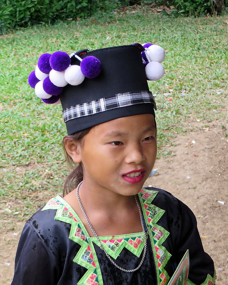 Laos, meisje, Hmong, zwarte hmong, studenten, scholieren, traditie