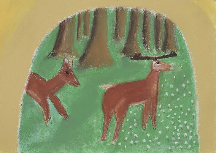 drawing picture, painting, deer, forest, animals, red deer, wild
