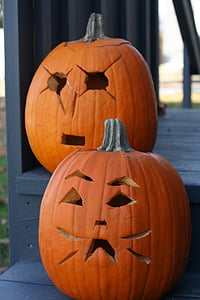 gresskar, skåret, Jack o lanterner, to, feiring, Halloween, skummelt