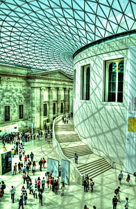 Britské muzeum, světlo, sklo, město, lidé, vzor, reflexe