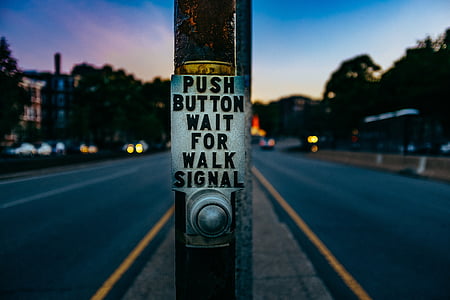 Push, botón, esperar, a pie, señal, botones, al atardecer
