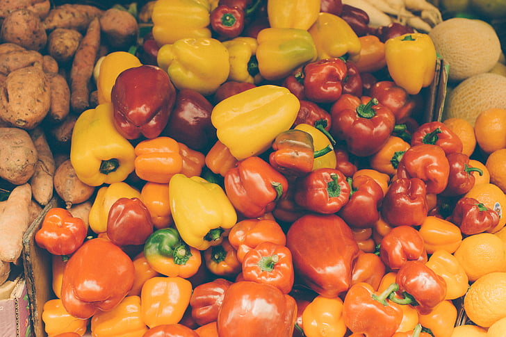 photograph, bell, peppers, vegetables, red, yellow, orange