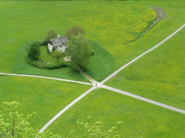 crossroads, little house, park, salzburg park, grass, nature, green Color
