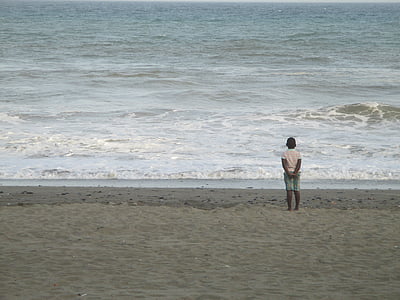 vaikas, paplūdimys, stebėti, jūra