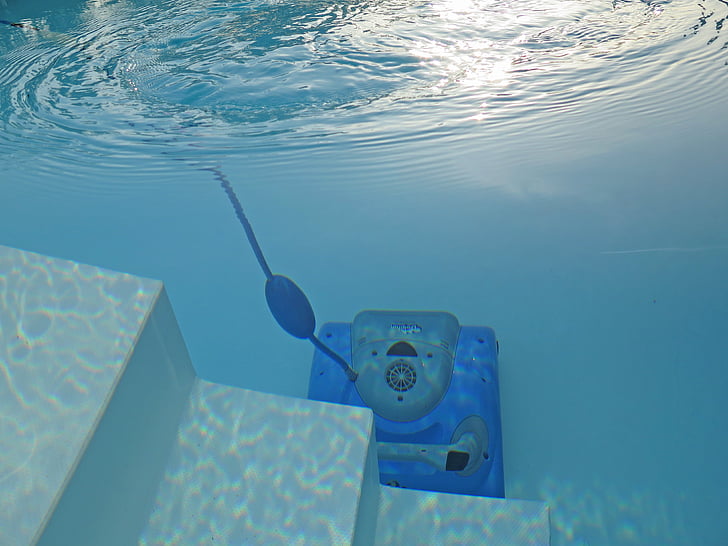 swimming pool, cleaning, robot, blue, stairs, water, wave