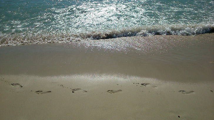 足跡, 砂, 太陽, ビーチ, 海, 海岸, 海