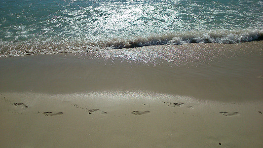 footprints, sand, sun, beach, sea, coast, ocean