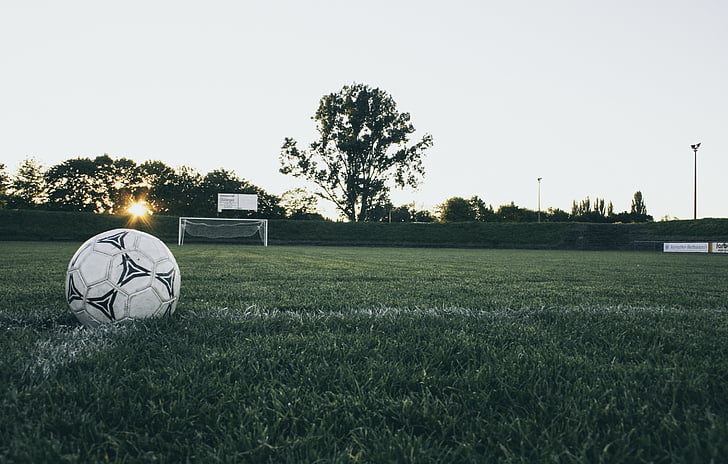 топка, поле, трева, небе, футбол, изгрев, залез