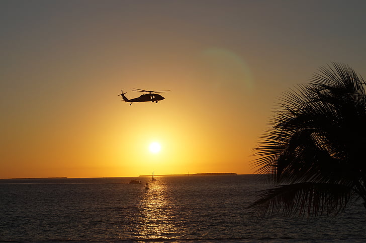 helicóptero, pôr do sol, key west, mar, céu, voando, silhueta