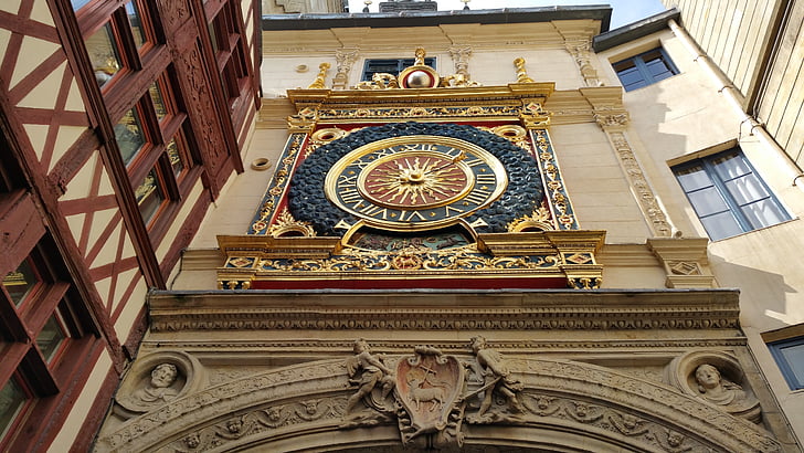 middle ages, clock, rouen, normandy, dial, france, timbered house