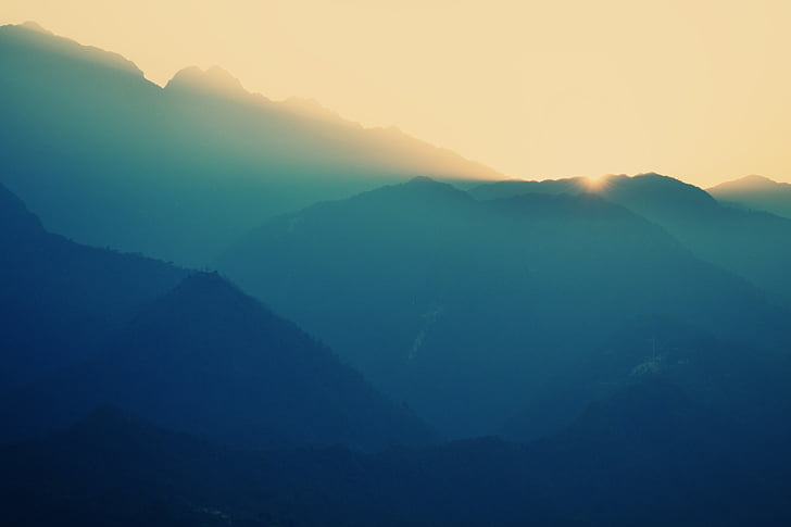 mountain range, mountains, nature, sun, sunlight, sunrise, sunset